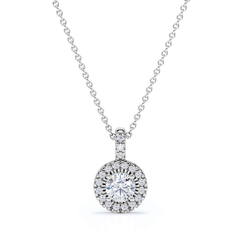 Real Diamond and Moissanite Round Halo Necklace Pendant for Women in 18k White Gold over Silver