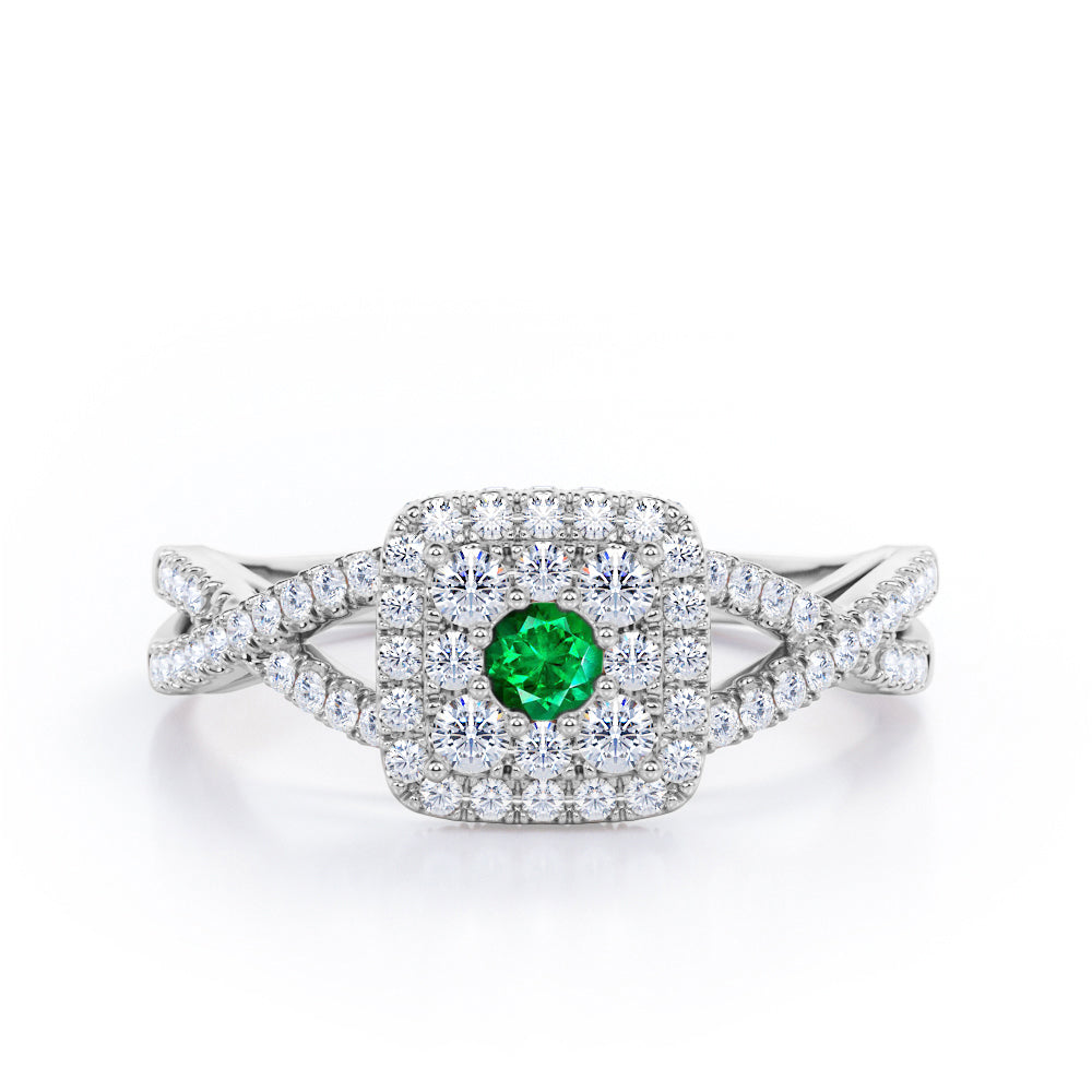 Pave Crossover - 1.25 Carat Round Cut Emerald and diamond - Flush Cluster Halo Engagement Ring in Yellow Gold