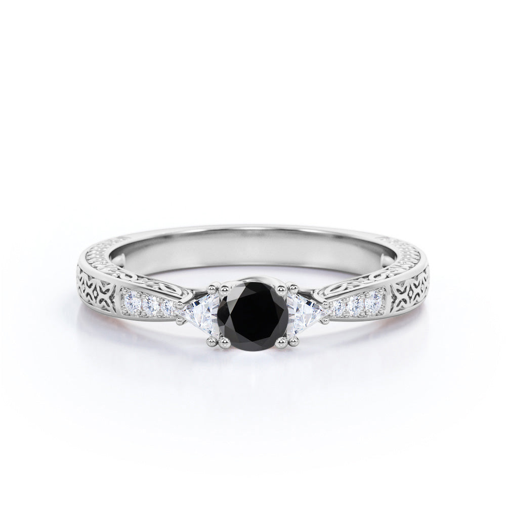 1.2 Carat Round Cut Lab Grown Black Diamond 3 Stone Engagement Ring In White Gold