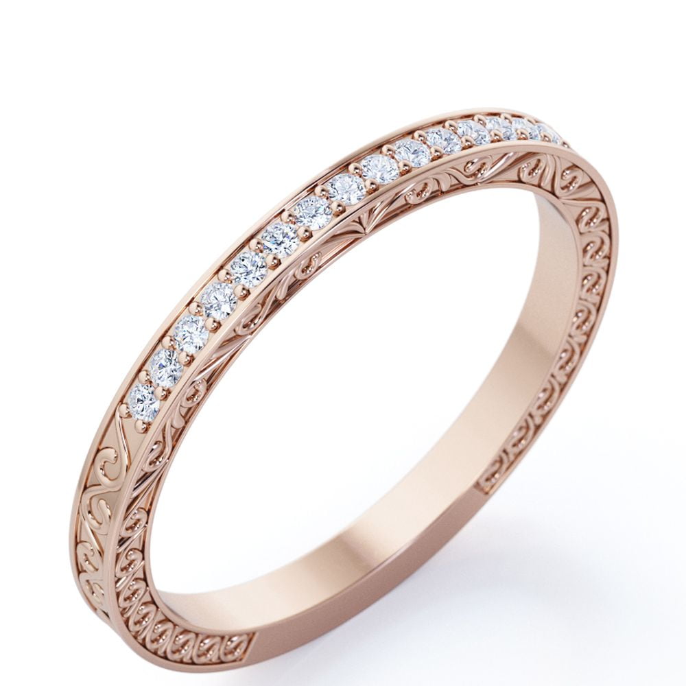 Art-Deco Victorian Style 0.25 Carat Round Cut Cubic Zirconia Wedding Band in 18K Rose Gold Plating over Silver