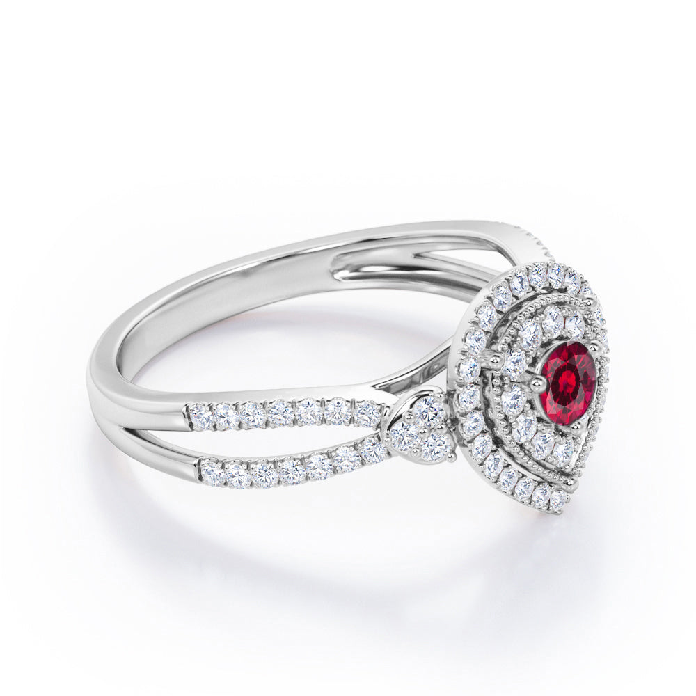 Pear-Shaped Double Halo - 1.7 Carat Round Cut Ruby - Pave Split Shank Engagement Ring in White Gold