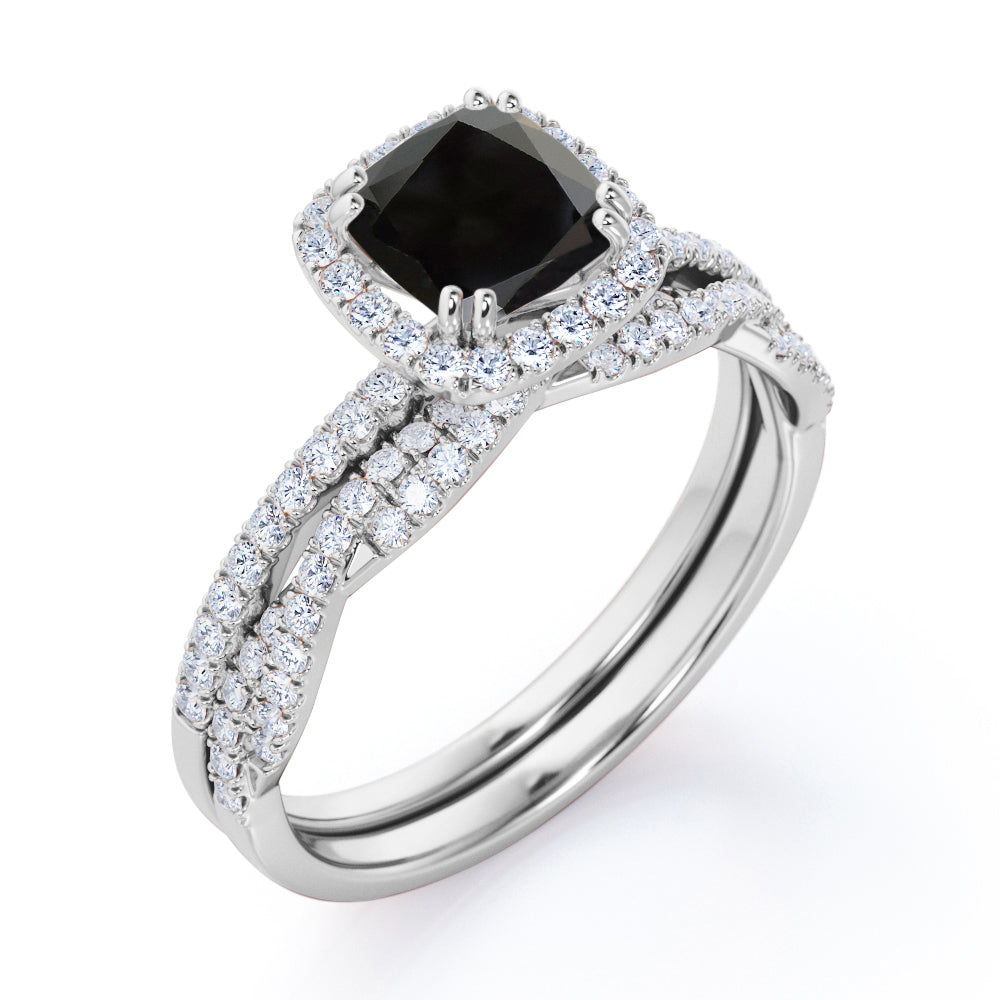 2 carat cushion cut Black Diamond halo bridal set in white gold