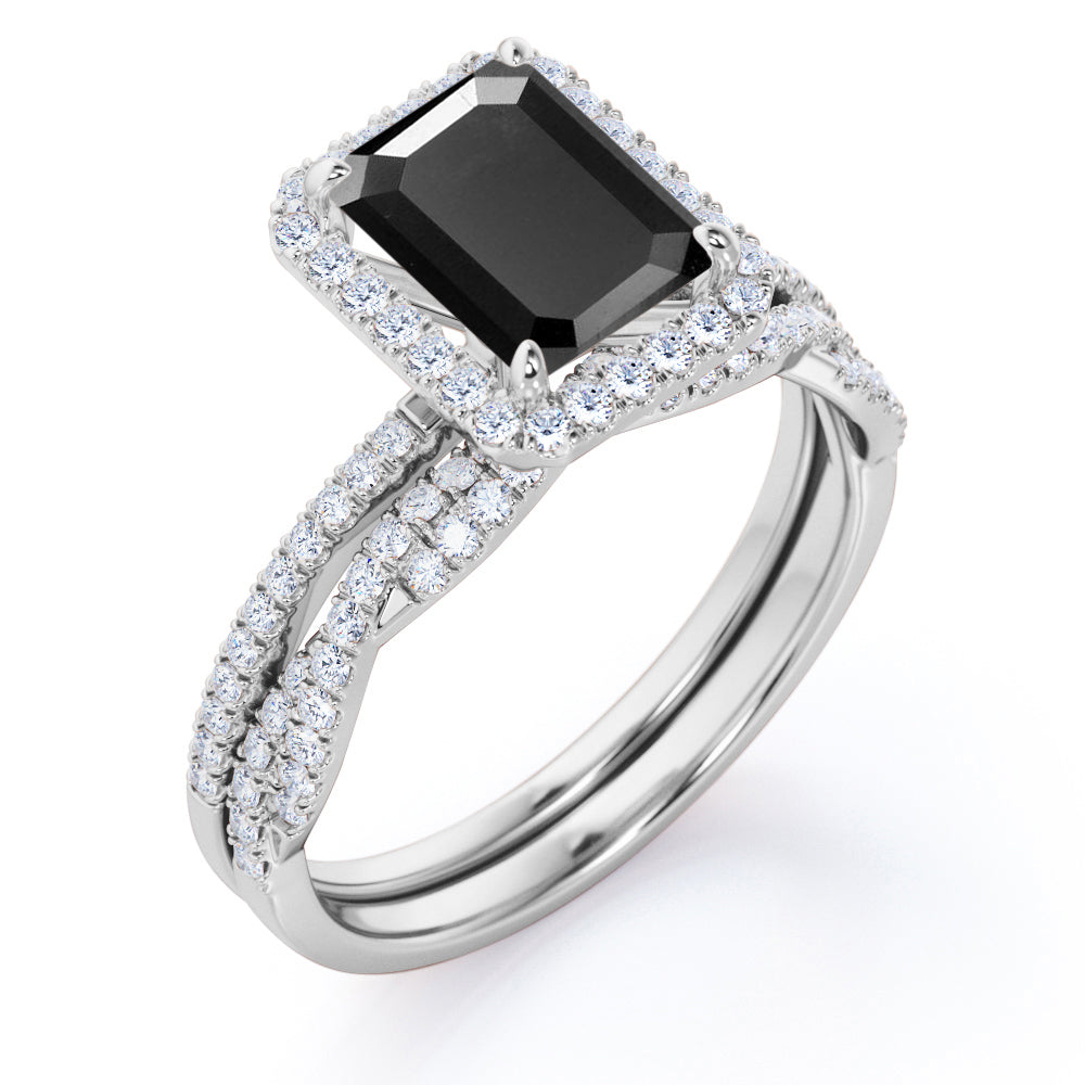 1.50 carat emerald cut Black Diamond halo wedding ring set in white gold