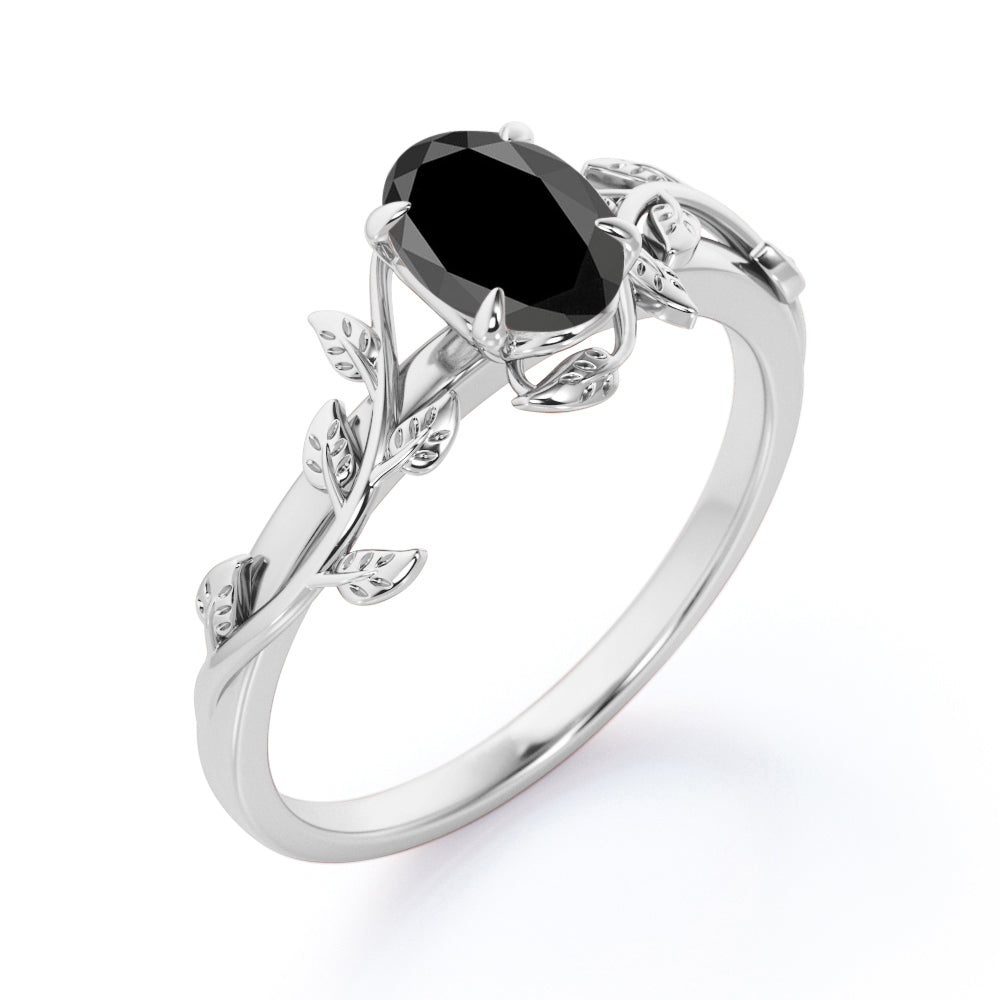 1 carat oval cut Black diamond leaf style engagement ring in white gold