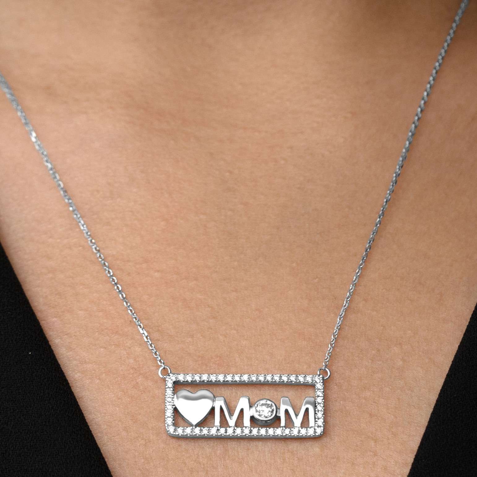 Love Mom Moissanite Pendant Necklace in 18K White Gold over Silver