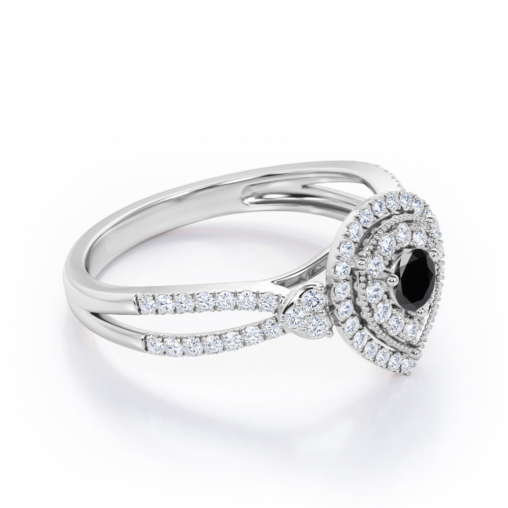 Pear-Shaped Double Halo - 1.7 Carat Round Cut Black Diamond - Pave Split Shank Engagement Ring in White Gold