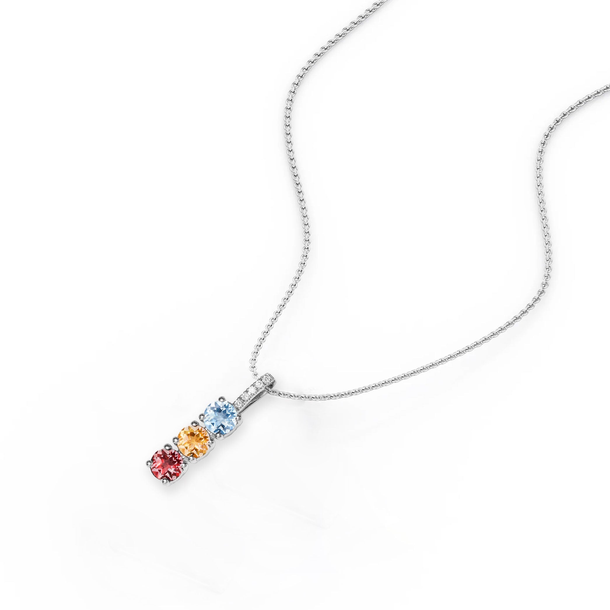 Perfect Vertical Multi Birthstone and Moissanite Bar Pendant Necklace for women in 18k white gold over silver