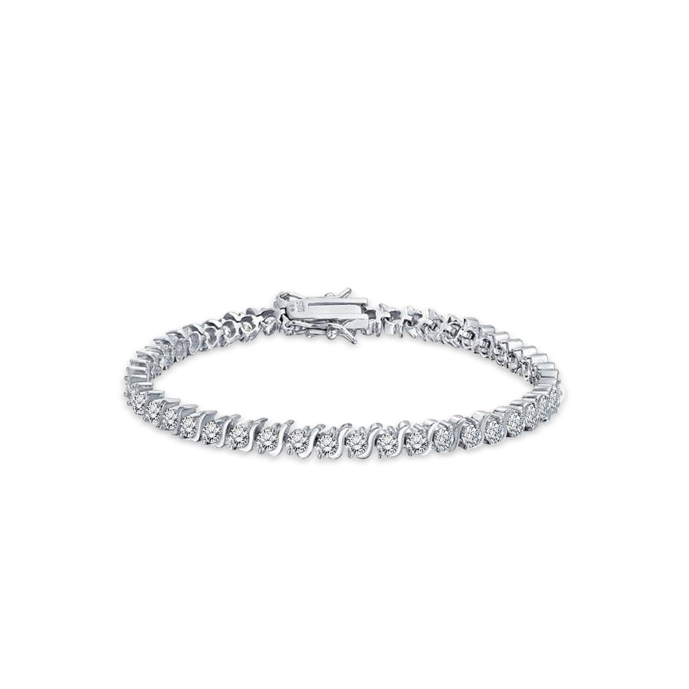 Perfect 3 Carat Round Cut Moissanite S shape Tennis Bracelet for women in 18K White Gold over Silver.