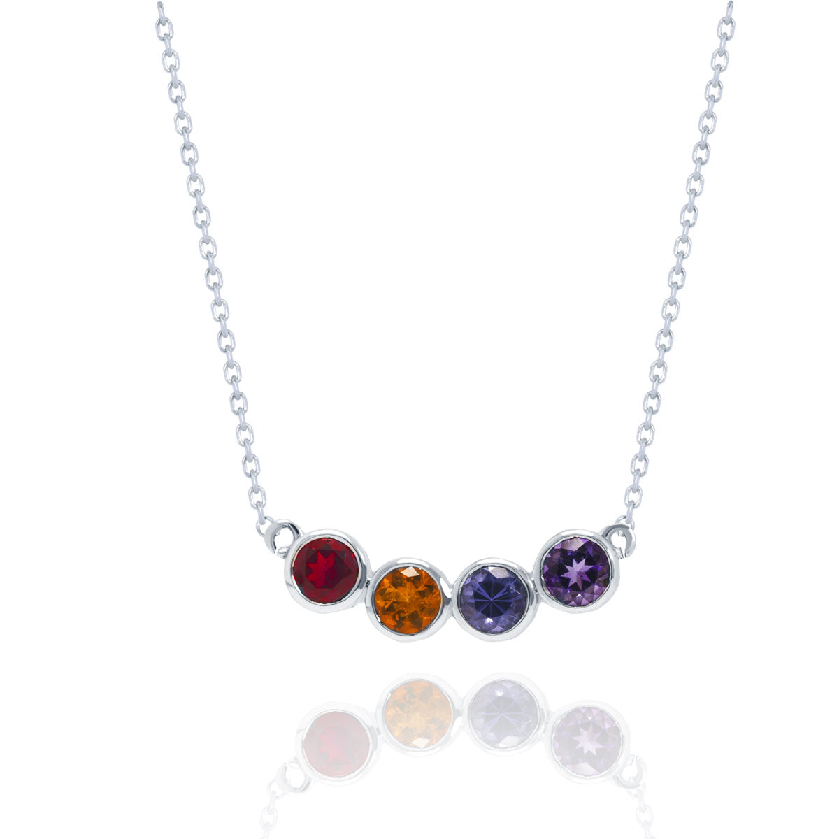 Unique Bezel 4 stones Custom Multi Birthstone Pendant Necklace in 18k White gold over Silver