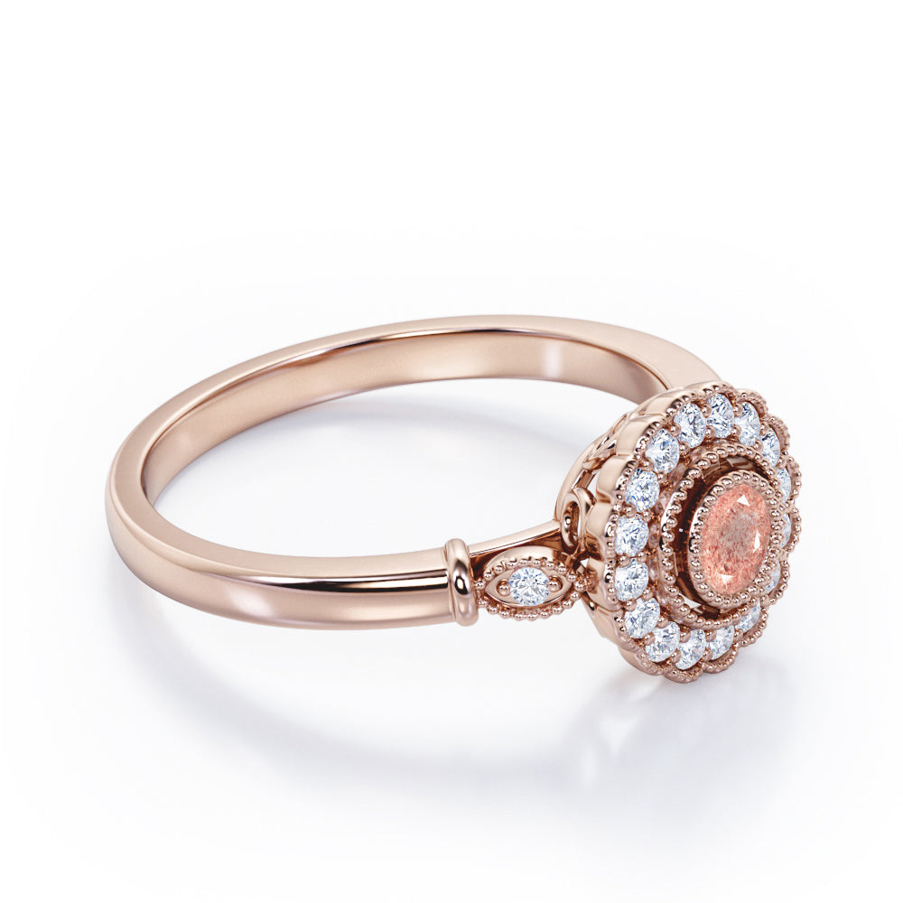 Milgrain Flower Halo 1.2 carat Carat Round Brilliant Cut Strawberry Quartz Trilogy Bezel Engagement Ring in Rose Gold