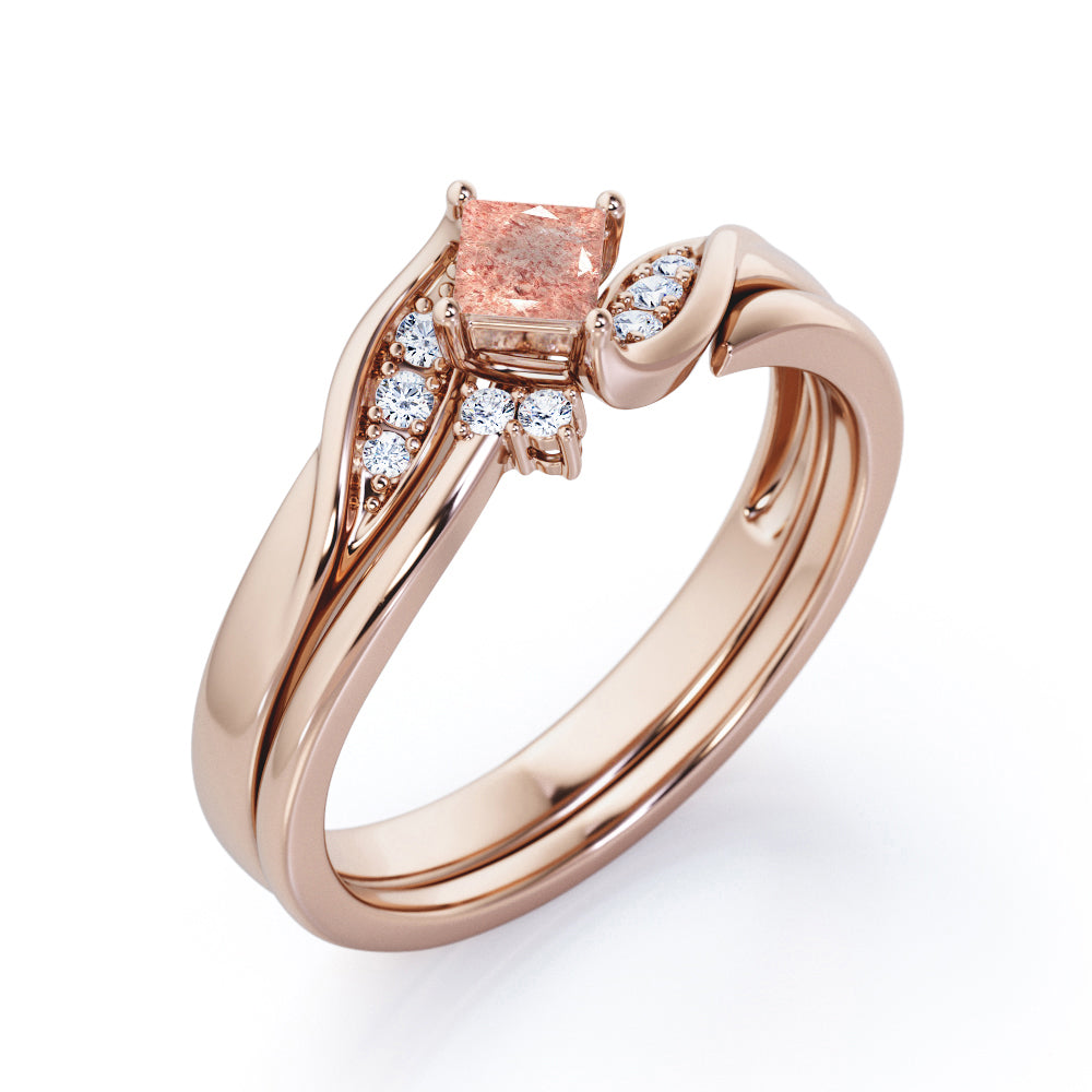 Petite Pave-Channel - 0.55 TCW Rhombus Princess Cut Strawberry Quartz and diamond - Prong Tensioned Wedding Ring Set -  Rose Gold