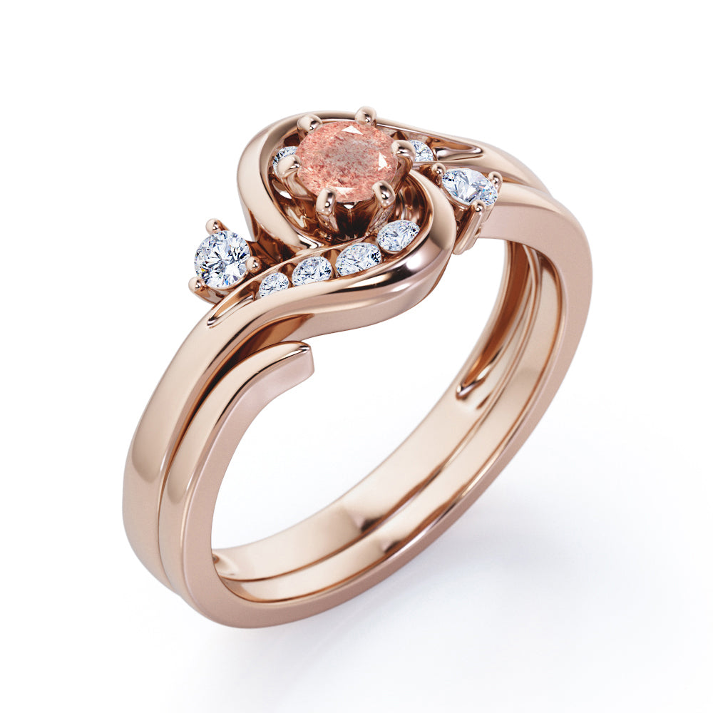 6 Prong Tension Design - 0.55 TCW Round Shaped Strawberry Quartz and diamond - Flush Chanel Wedding Ring Set - Rose Gold