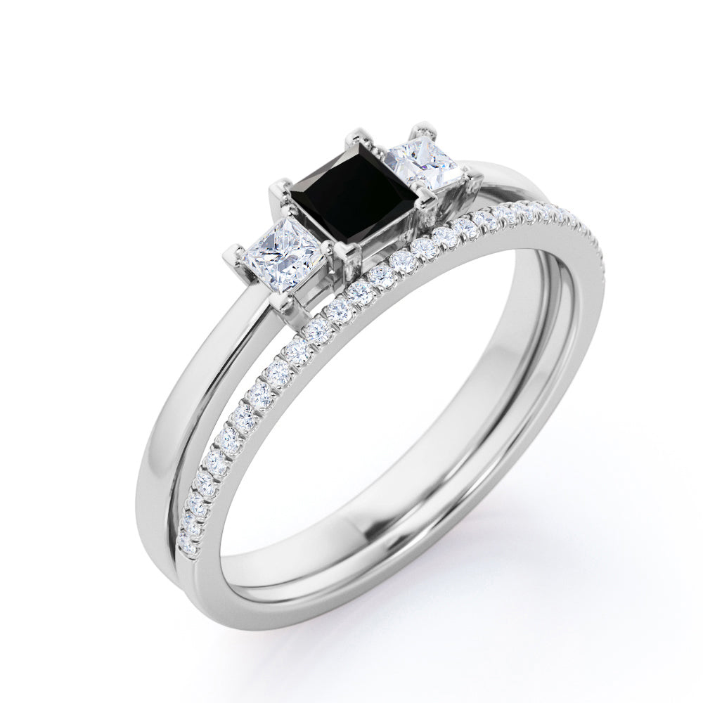 1.45 Carat Princess Cut Lab Grown Black Diamond Trilogy Wedding Ring Set In White Gold