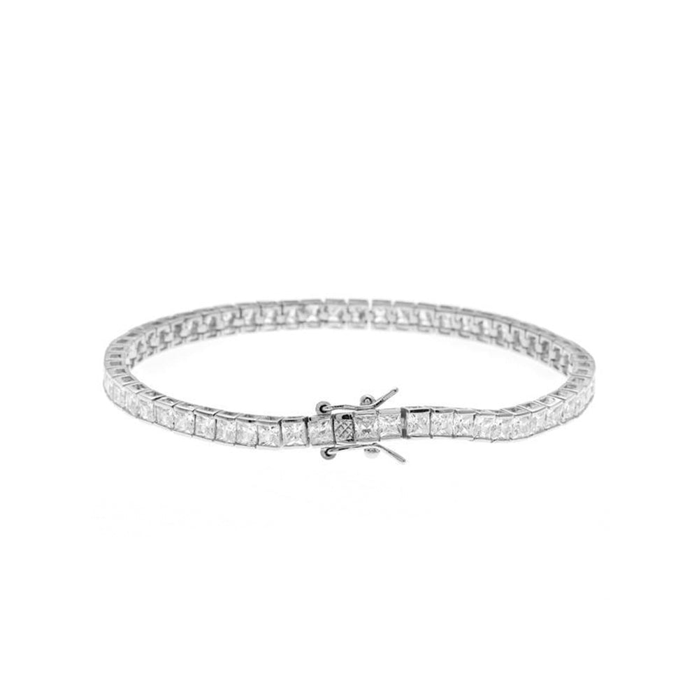 3 Carat Princess Cut Moissanite Tennis Bracelet Eternity Design in 18K White Gold over Silver, Female, Adult