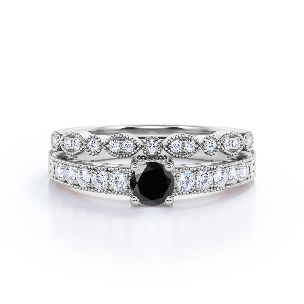 1.25 Carat Round Cut Lab Grown Black Diamond Vintage Milgrain Bridal Set Ring In White Gold