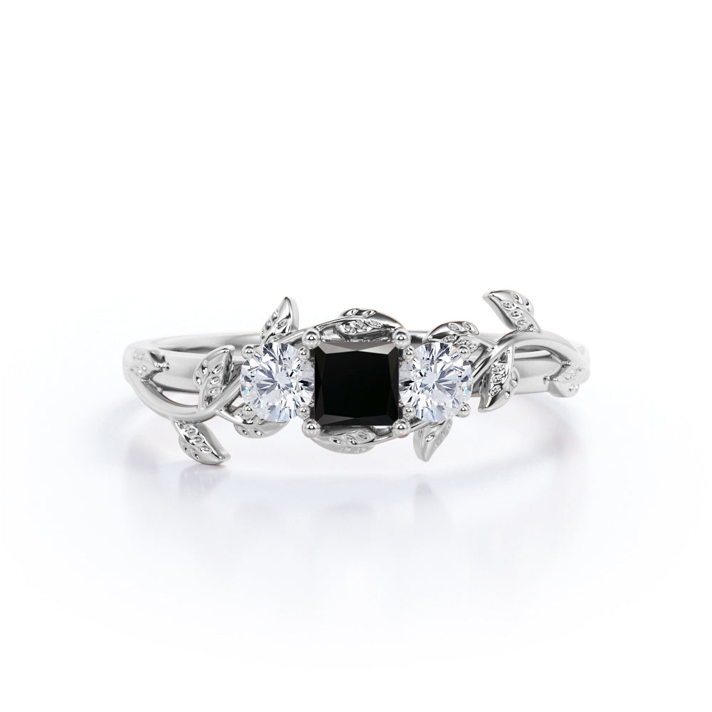 1 carat princess cut Black Diamond nature inspired engagement ring in white gold