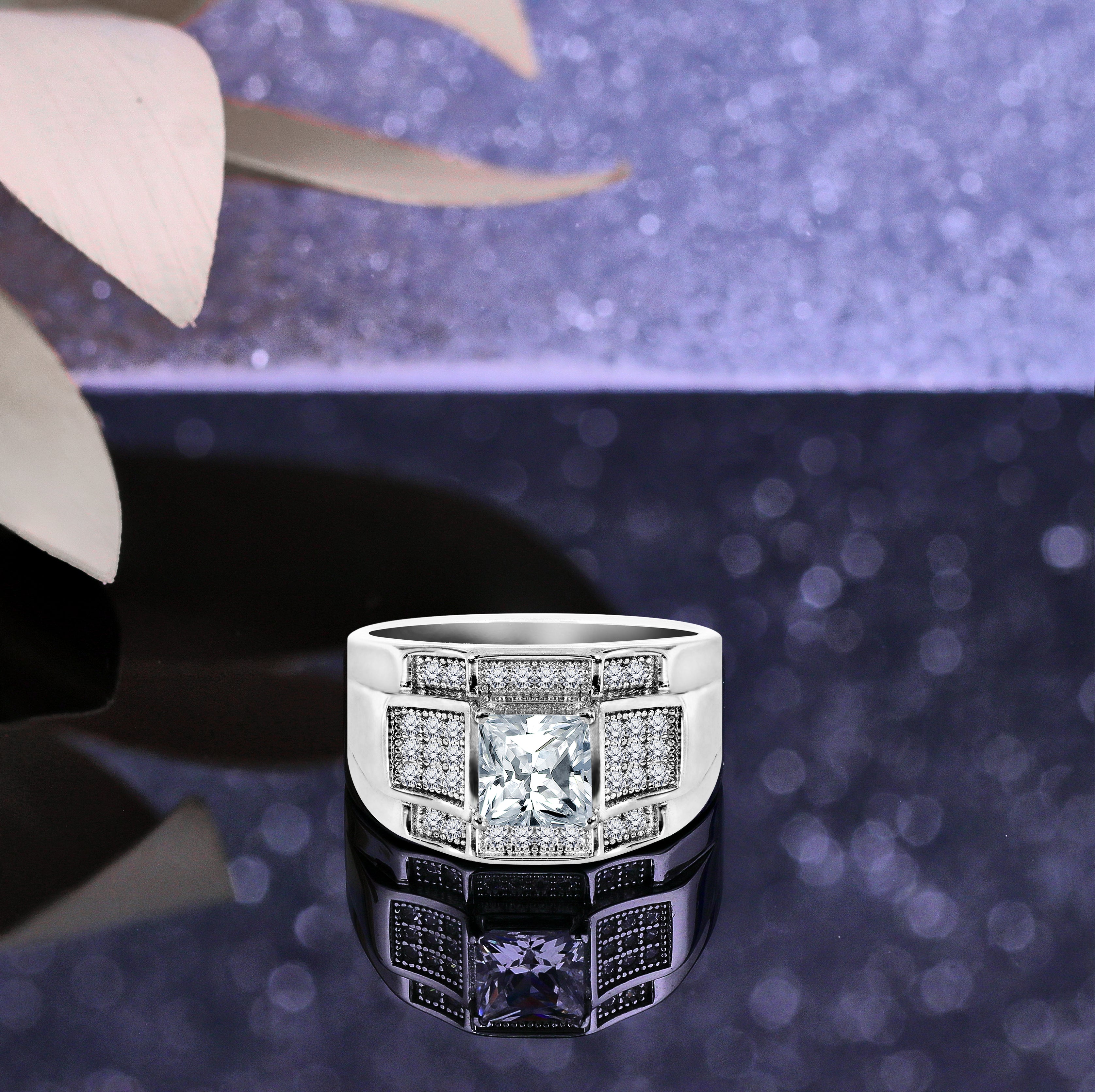 Modern 1.5 Carat Princess Cut Moissanite Triple Layered Milgrain Wedding Band Ring in 18K White Gold over Silver.