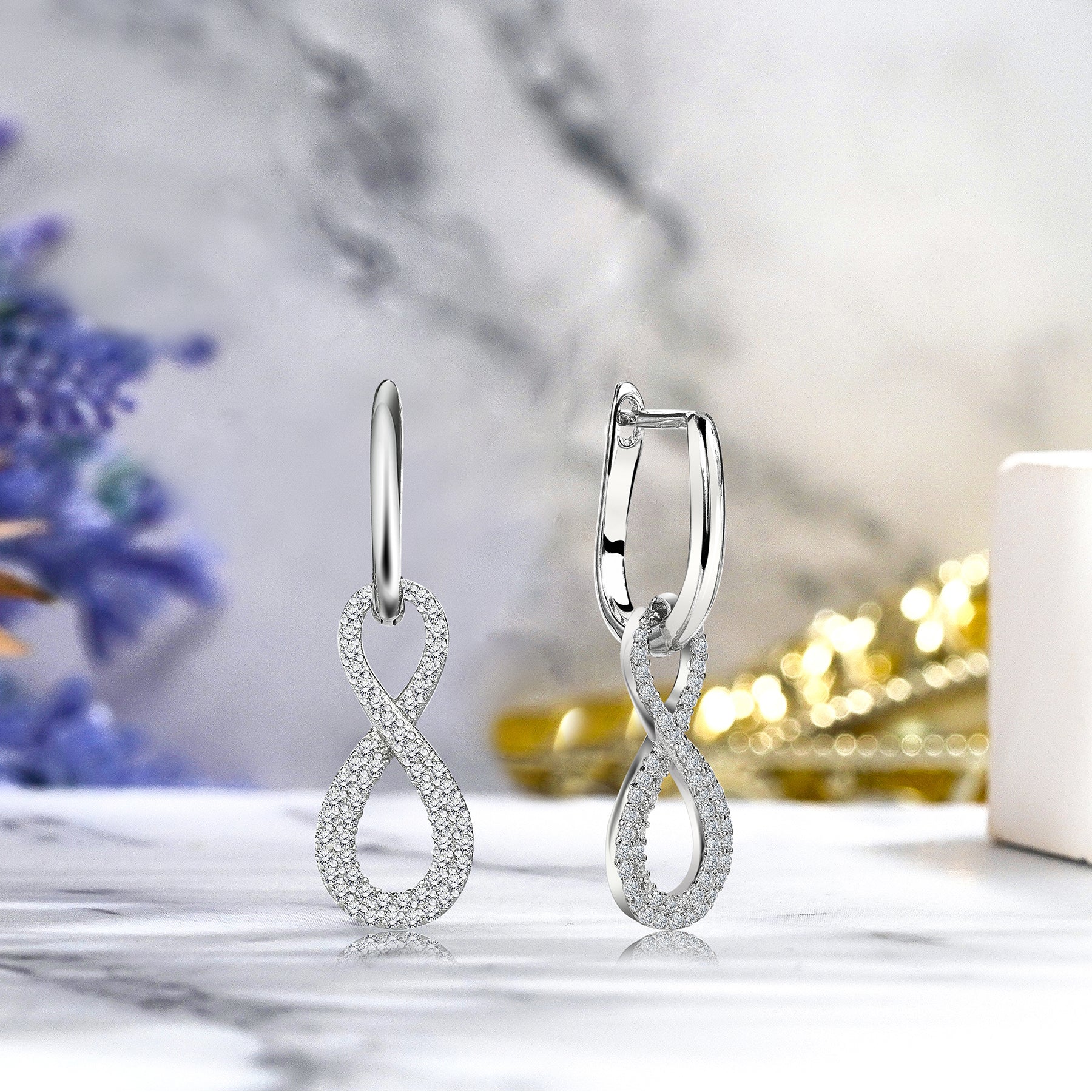 1 Carat Infinity Leverback Dangle Earrings - Gift for Women - in 18k White Gold over Silver