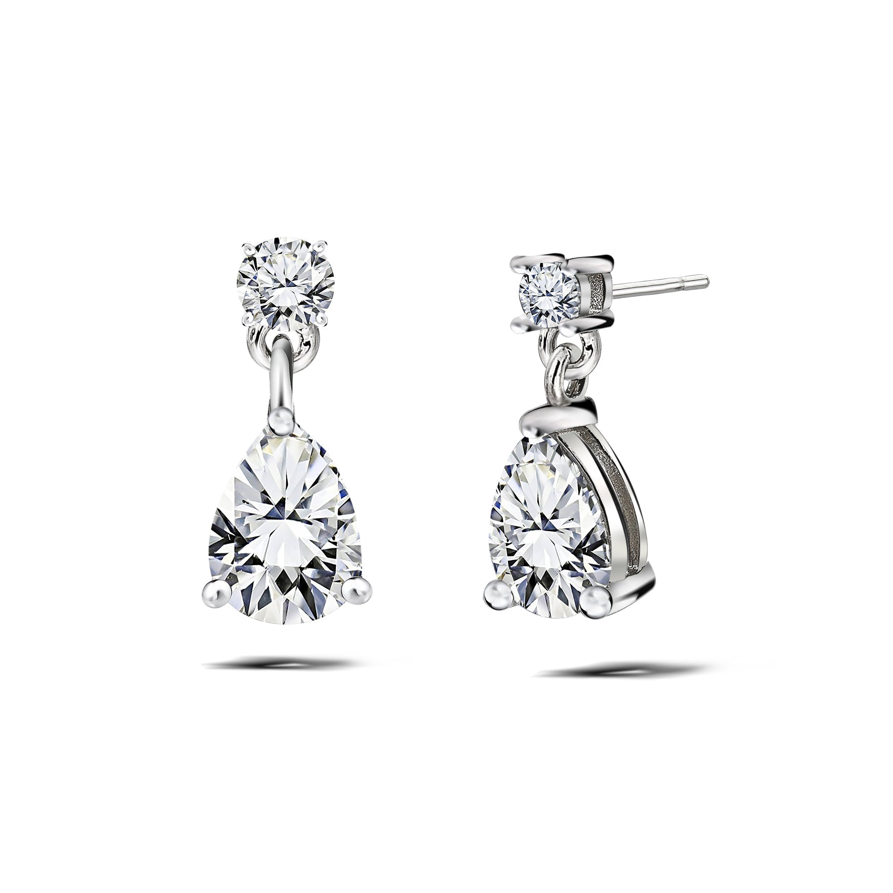 Classic 2.5 Carat Round and Pear Cut Dangle Moissanite Earrings in 18k White Gold over Silver, Women