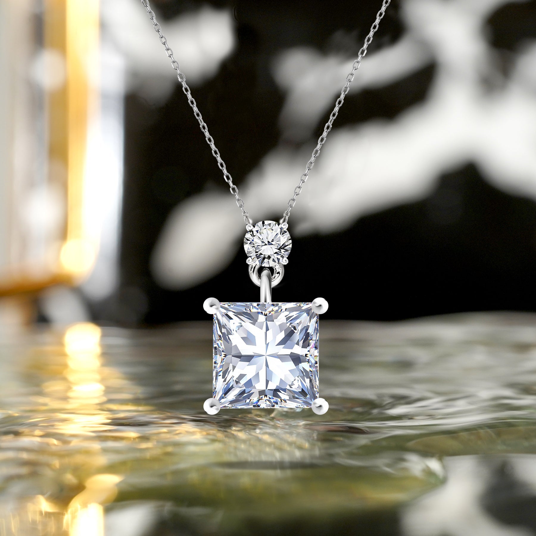 Sophisticated 1.2 Carat Round and Princess Cut Moissanite Pendant Necklace for Women in 18k White Gold over Silver