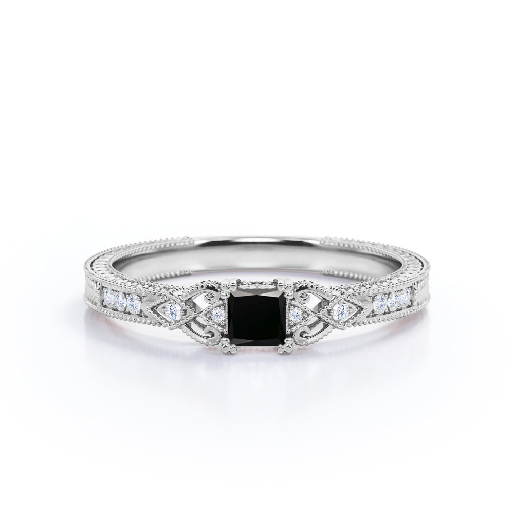 1.1 Carat Princess Cut Lab Grown Black Diamond Vintage Milgrain Engagement Ring In White Gold