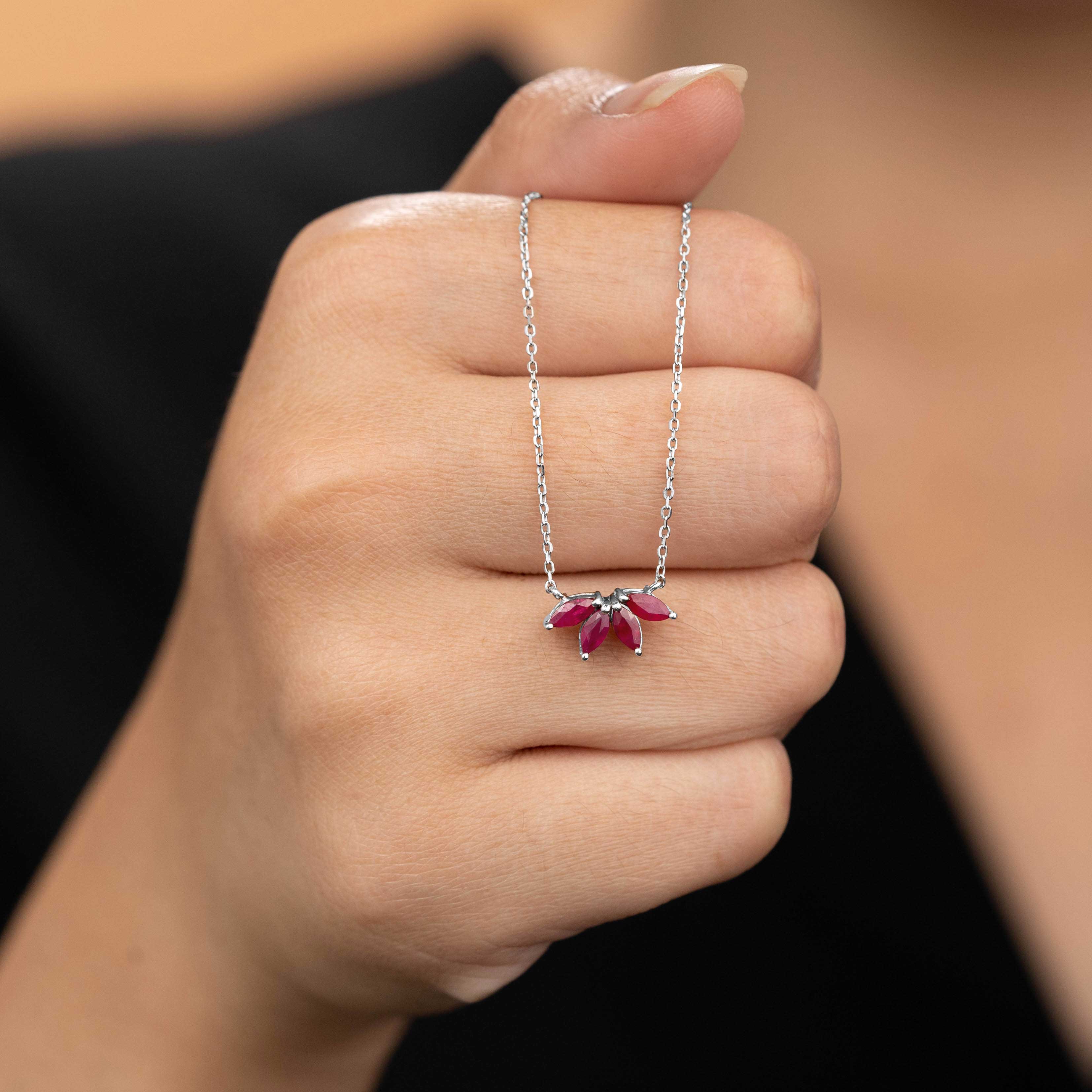 Vintage Floral Custom Birthstone Marquise Ruby Petal Pendant Necklace in 18k white gold over silver