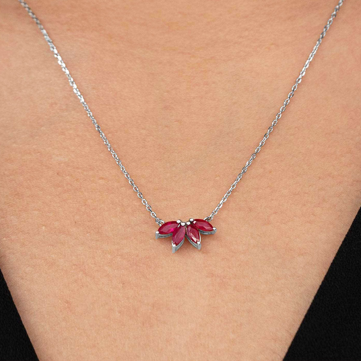 Vintage Floral Custom Birthstone Marquise Ruby Petal Pendant Necklace in 18k white gold over silver