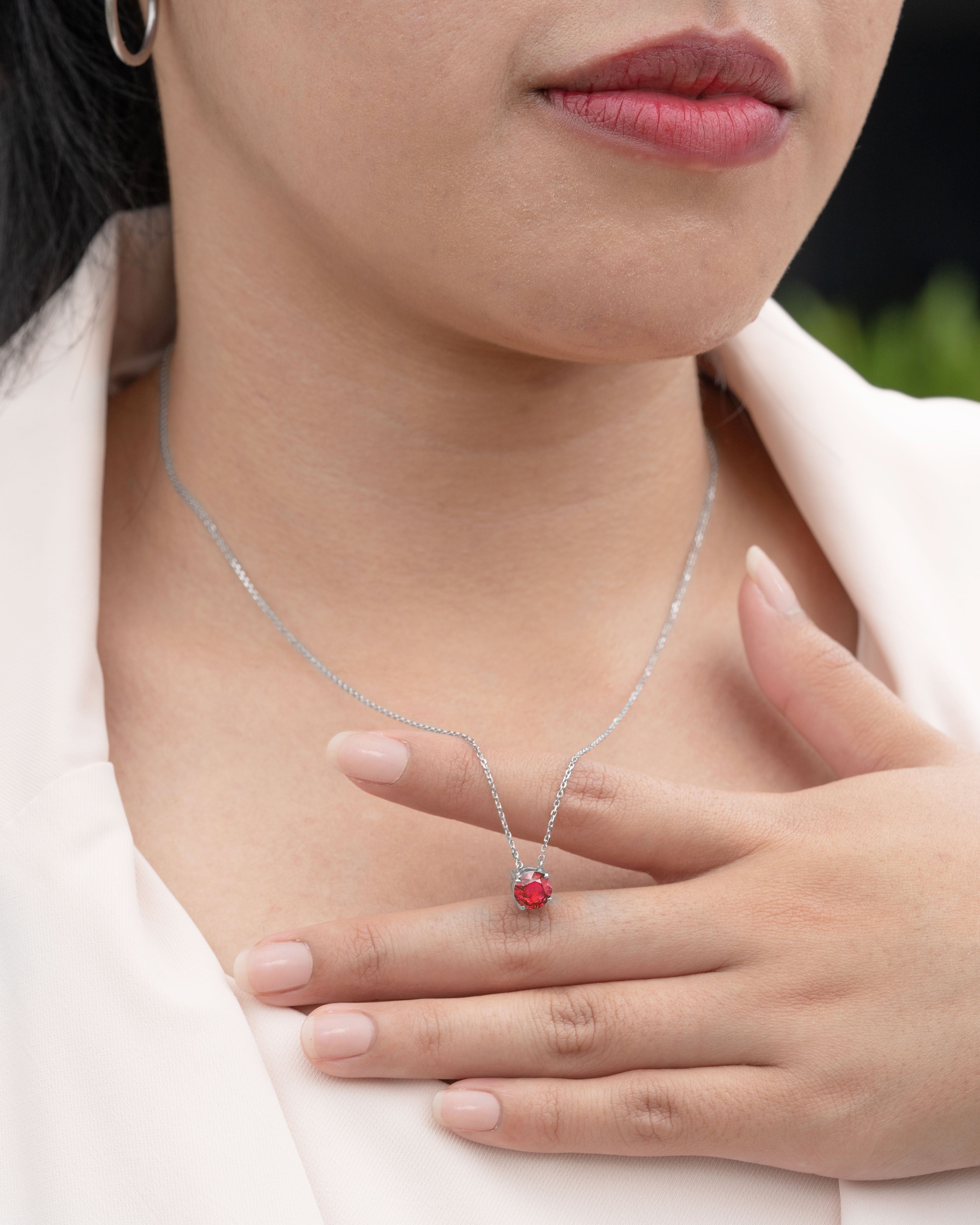 1 Carat Round Cut Lab-Created Ruby Solitaire Pendant Necklace in 18k White Gold Over Silver