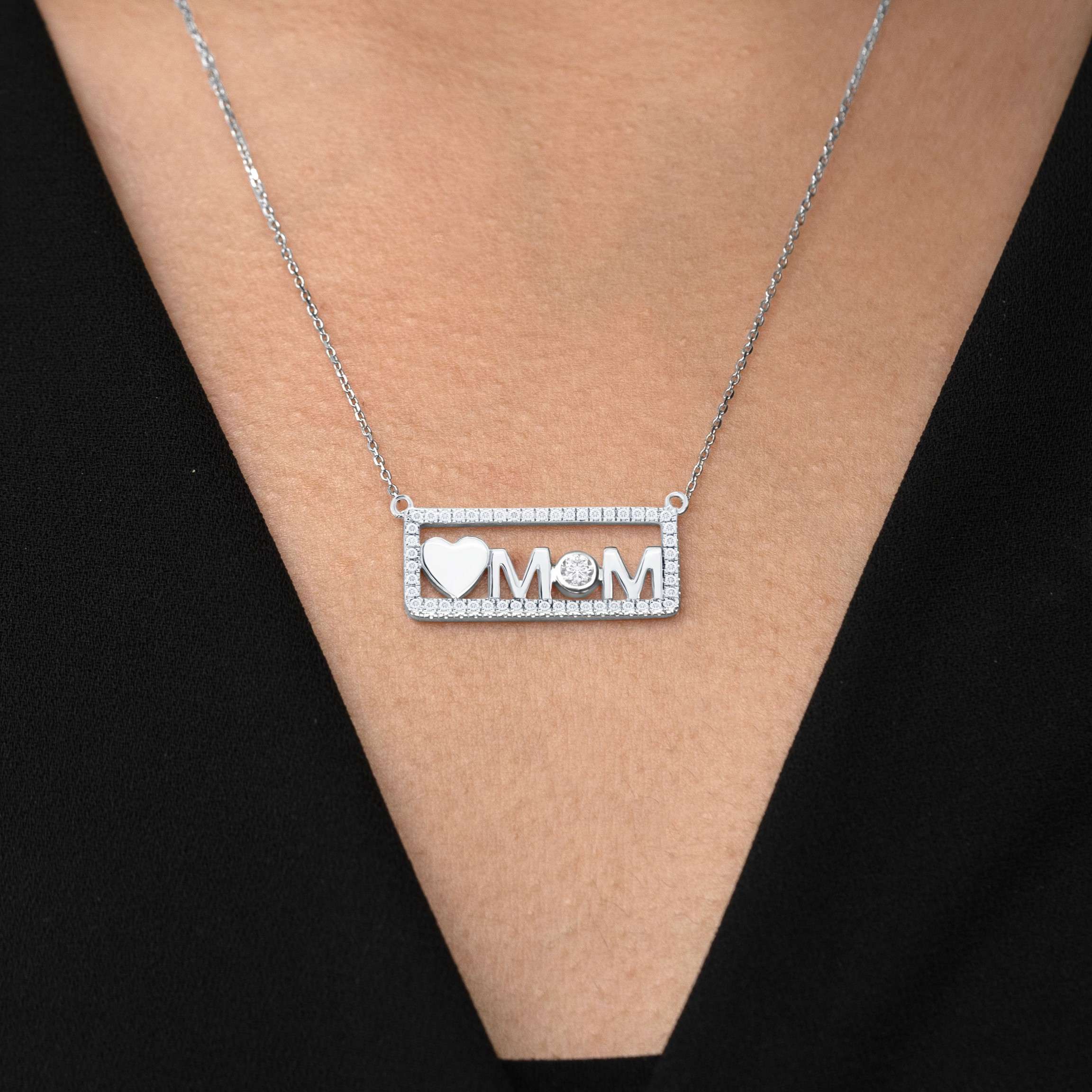 Love Mom Moissanite Pendant Necklace in 18K White Gold over Silver