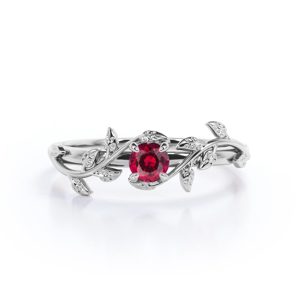 Nature Inspired 1 carat Round cut Lab-Created Ruby Solitaire Engagement ring in Rose Gold