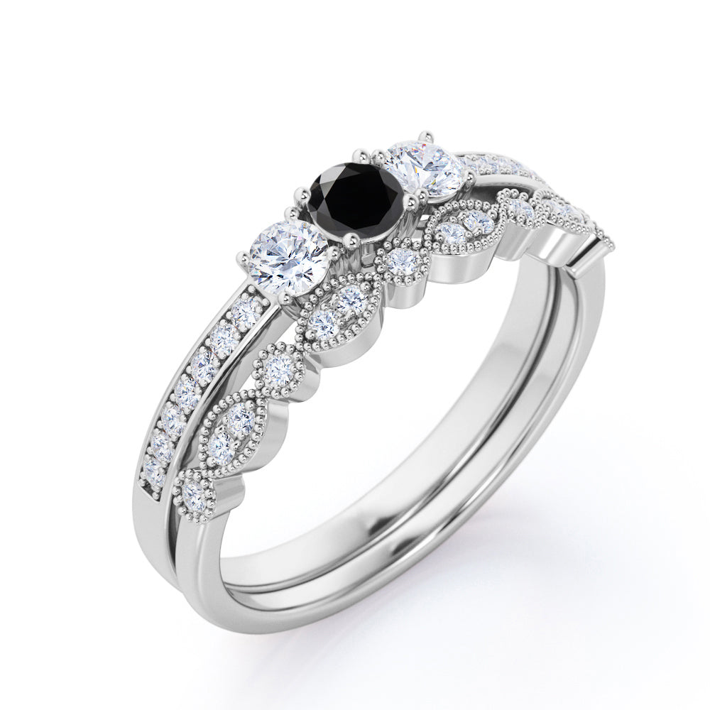 1.45 Carat Round Cut Lab Grown Black Diamond Trilogy Wedding Ring Set In White Gold