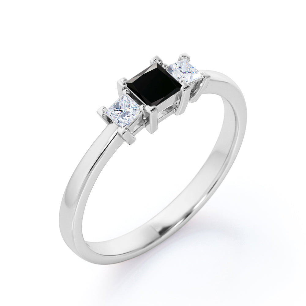 1.15 Carat Princess Cut Lab Grown Black Diamond Three Stone Engagement Ring In White Gold