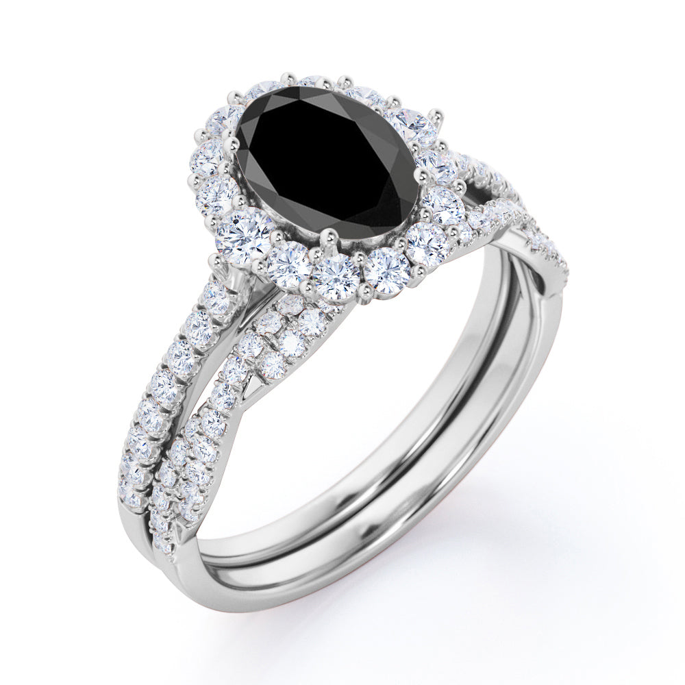 2 carat oval cut Black Diamond halo bridal set in white gold