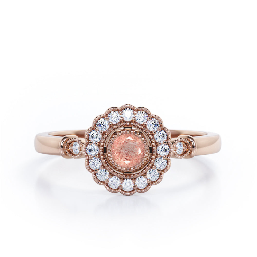 Milgrain Flower Halo 1.2 carat Carat Round Brilliant Cut Strawberry Quartz Trilogy Bezel Engagement Ring in Rose Gold