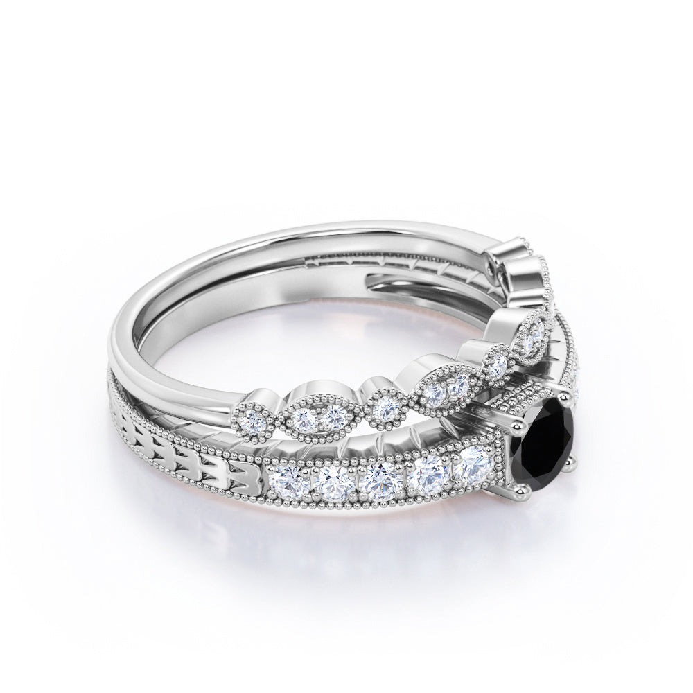 1.25 Carat Round Cut Lab Grown Black Diamond Vintage Milgrain Bridal Set Ring In White Gold