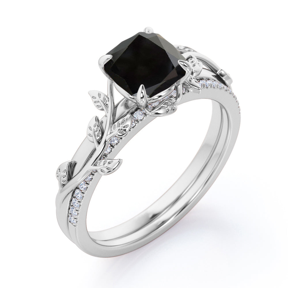 1.25 carat cushion cut Black Diamond nature inspired wedding ring set in white gold