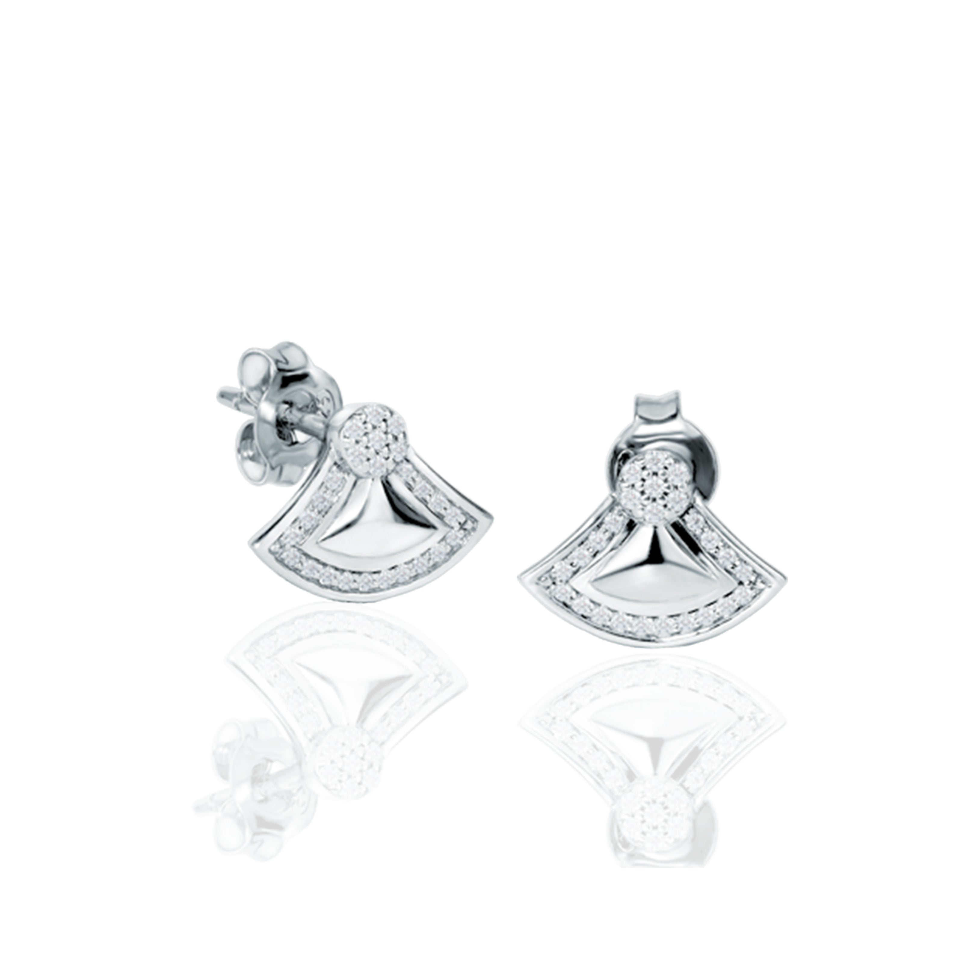 Triangular Fan Shaped Pave Setting Diamond Earrings in 18K White Gold over Silver