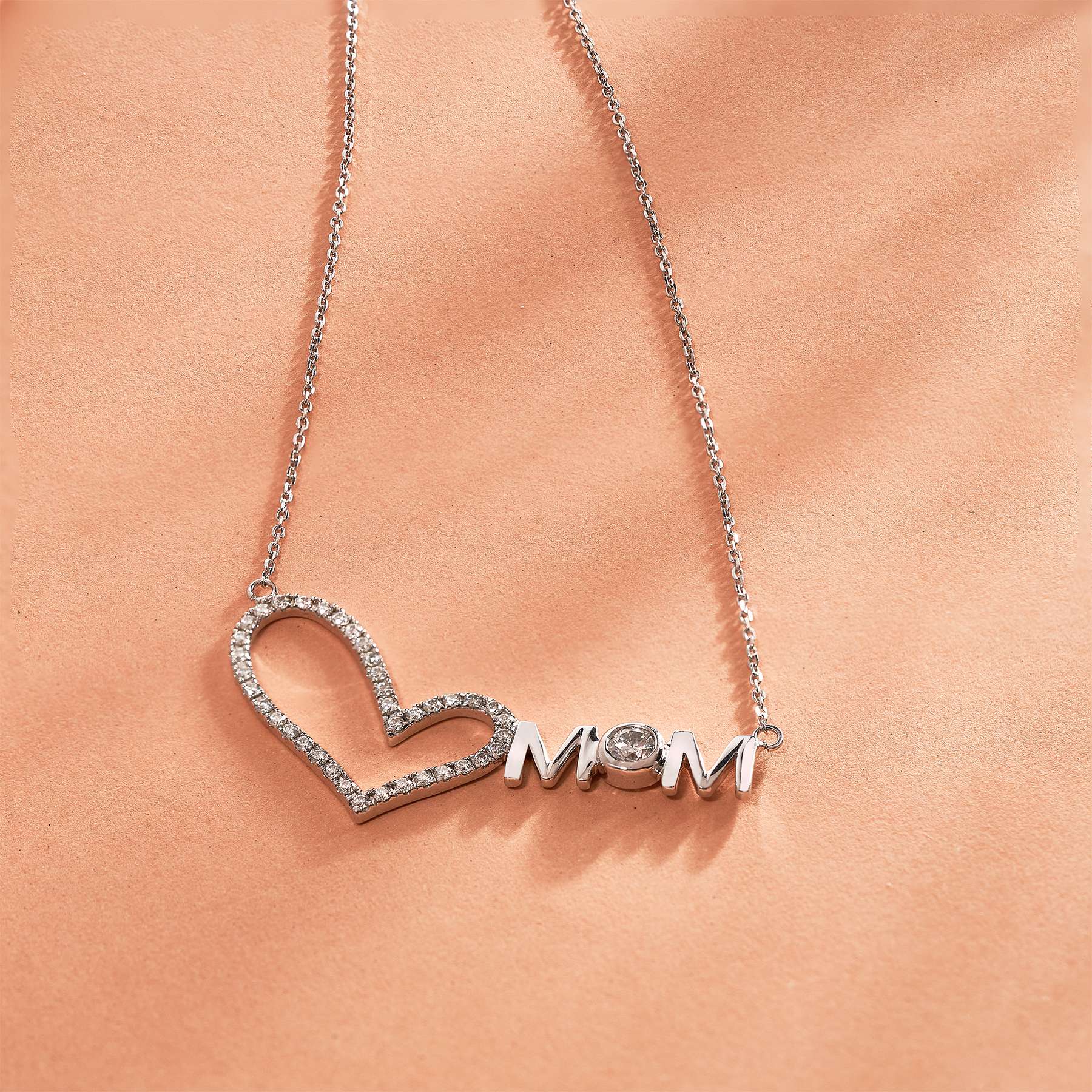 Accented Moissanite Mom Heart Pendant Necklace in 18K White Gold over Silver