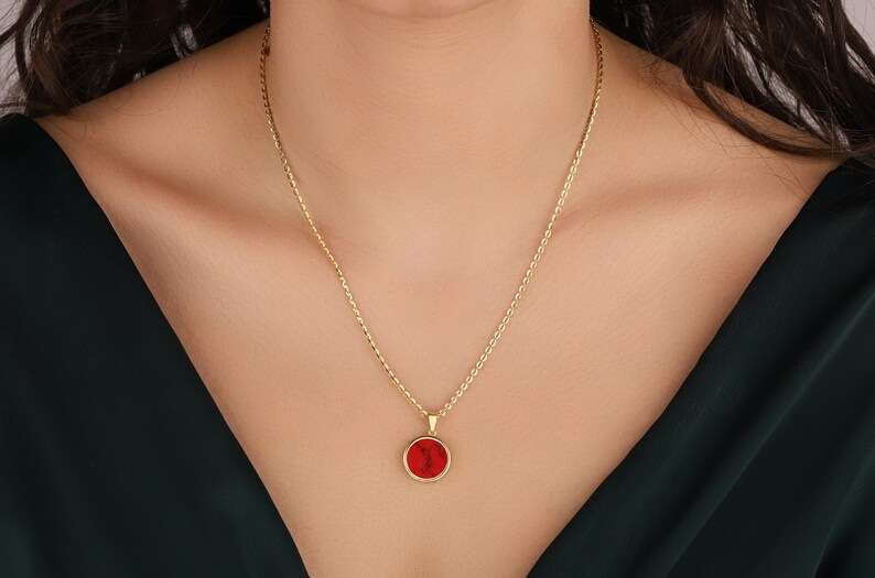 Perfect 1 Carat Round cut Red Turquoise Solitaire Pendant Necklace in 18k Yellow Gold over Silver