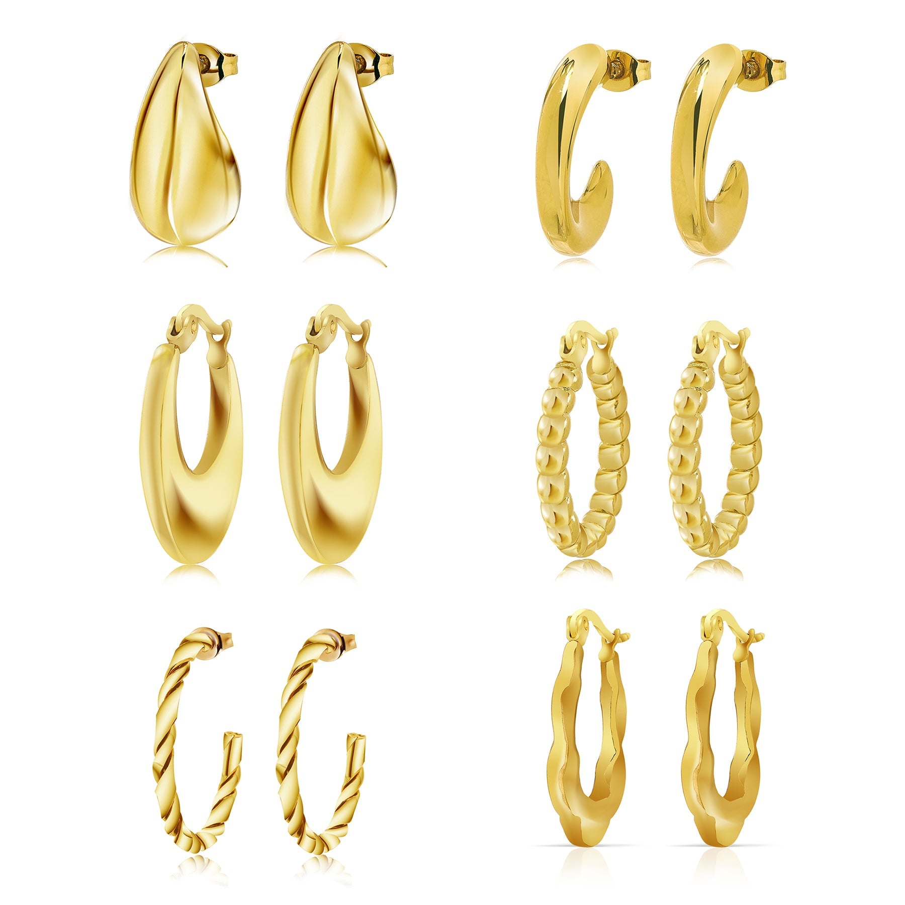 6 Pairs Multipack Everyday Women Earrings Gift Set in Yellow Gold Plating, Thick Open, Lightweight, Hoop Hypoallergenic Twisted Earrings for Women