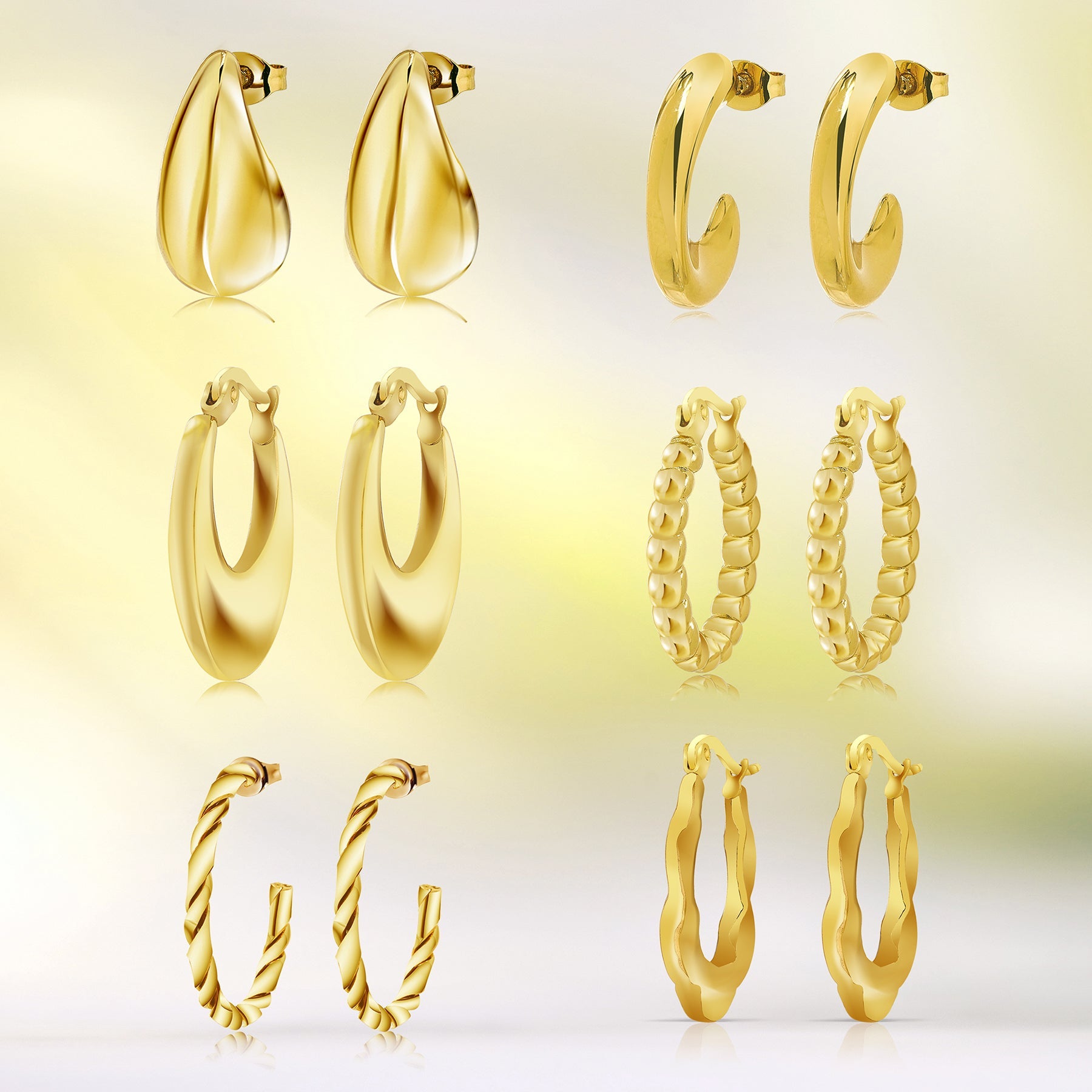 6 Pairs Multipack Everyday Women Earrings Gift Set in Yellow Gold Plating, Thick Open, Lightweight, Hoop Hypoallergenic Twisted Earrings for Women