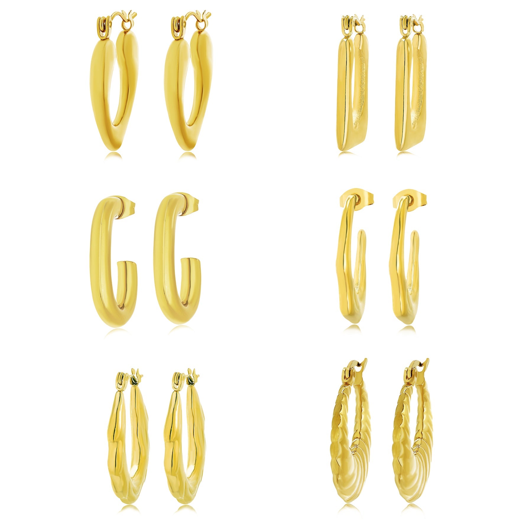 6 Pairs Multipack Earrings in Yellow Gold Plating - Chunky Lightweight Earrings for Women