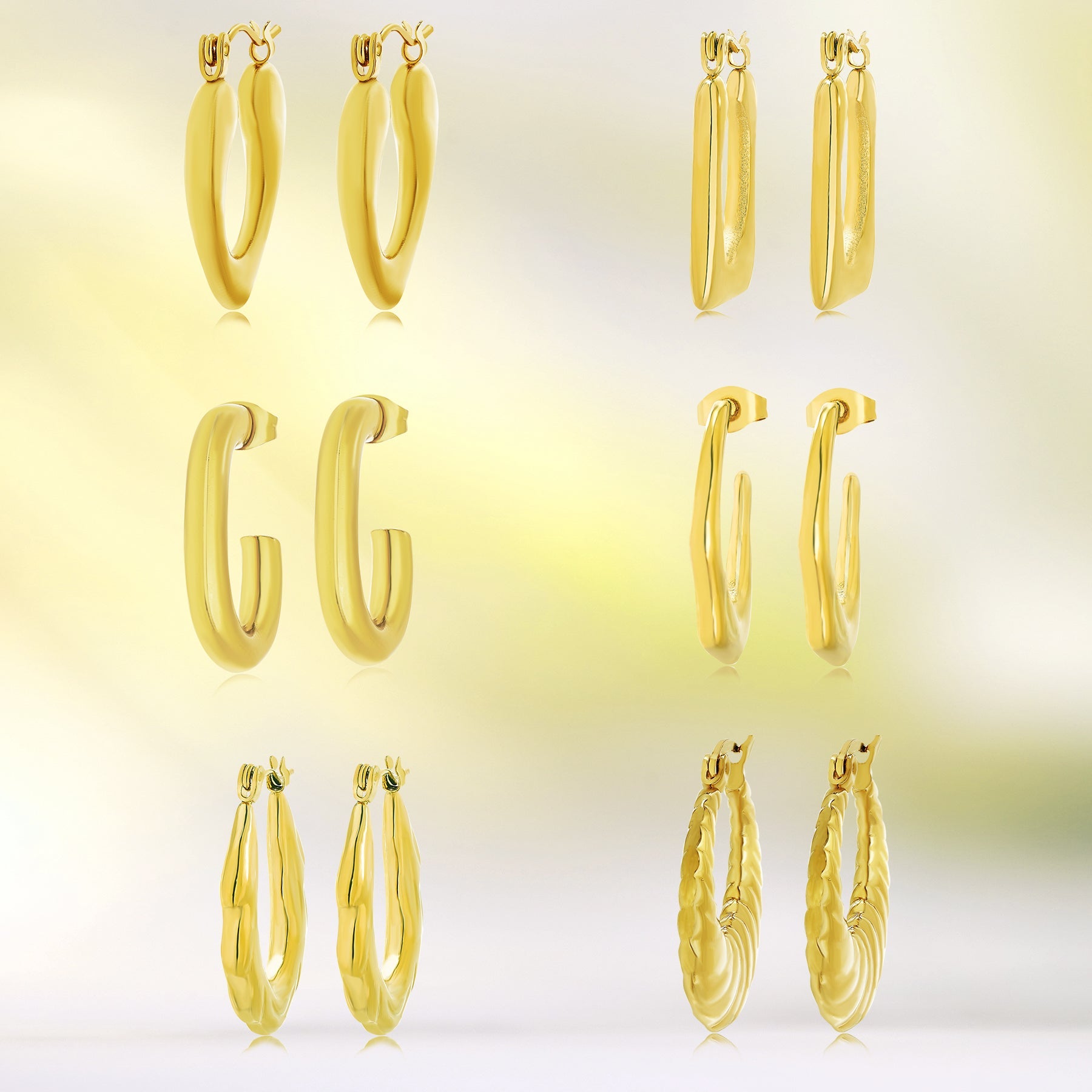 6 Pairs Multipack Earrings in Yellow Gold Plating - Chunky Lightweight Earrings for Women