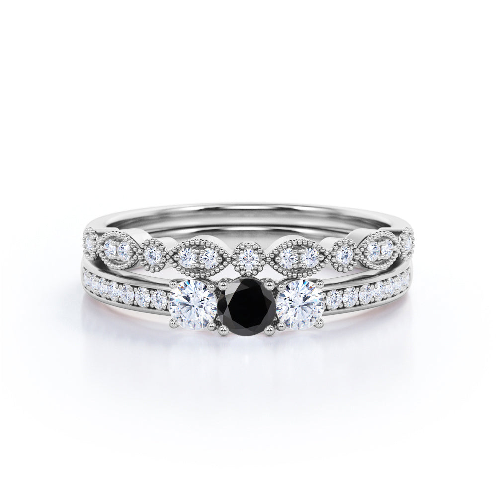 1.45 Carat Round Cut Lab Grown Black Diamond Trilogy Wedding Ring Set In White Gold