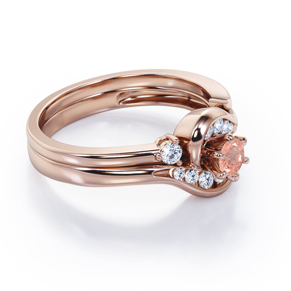 6 Prong Tension Design - 0.55 TCW Round Shaped Strawberry Quartz and diamond - Flush Chanel Wedding Ring Set - Rose Gold