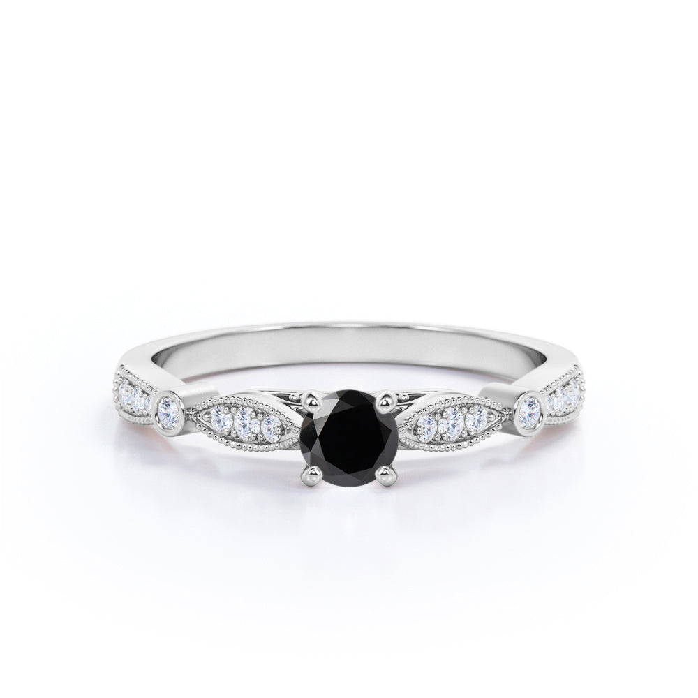 1.15 Carat Round Cut Lab Grown Black Diamond Four Prong Unique Engagement Ring In White Gold