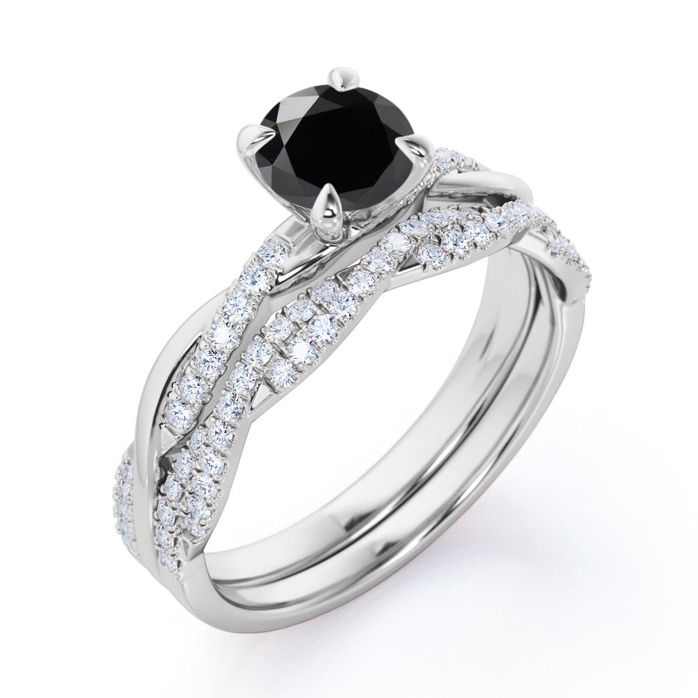 1.75 carat round cut Black Diamond twisted wedding ring set in white gold