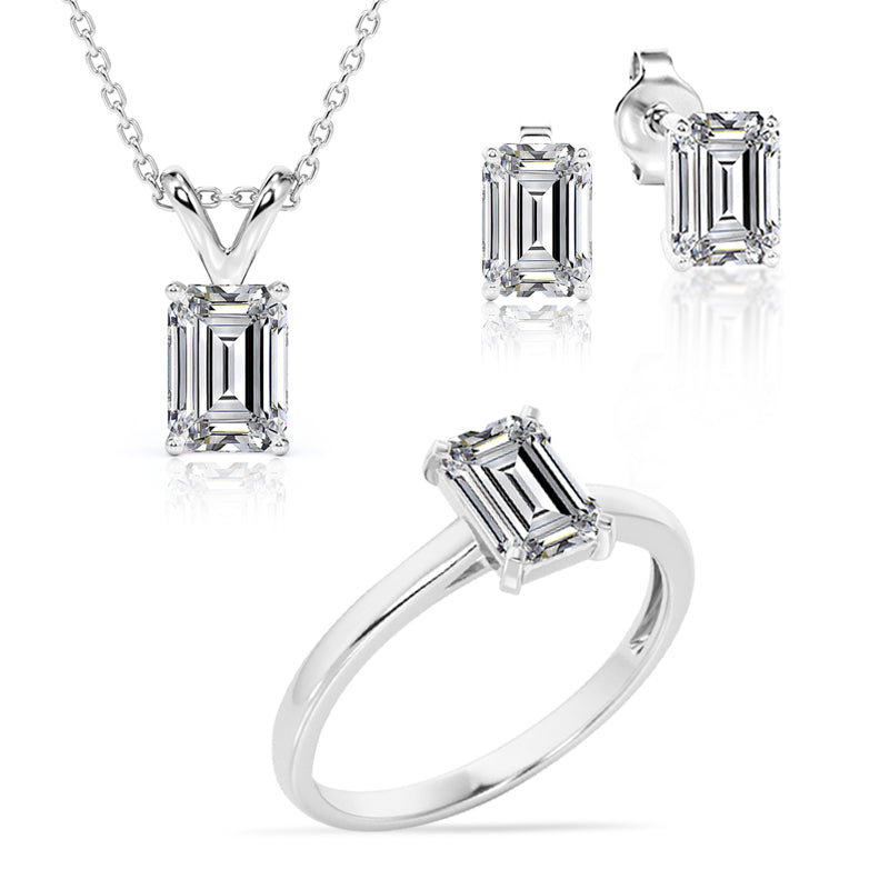 Beautiful Gift Set of 3 Carat Emerald cut Moissanite with Ring, Earrings & Pendant