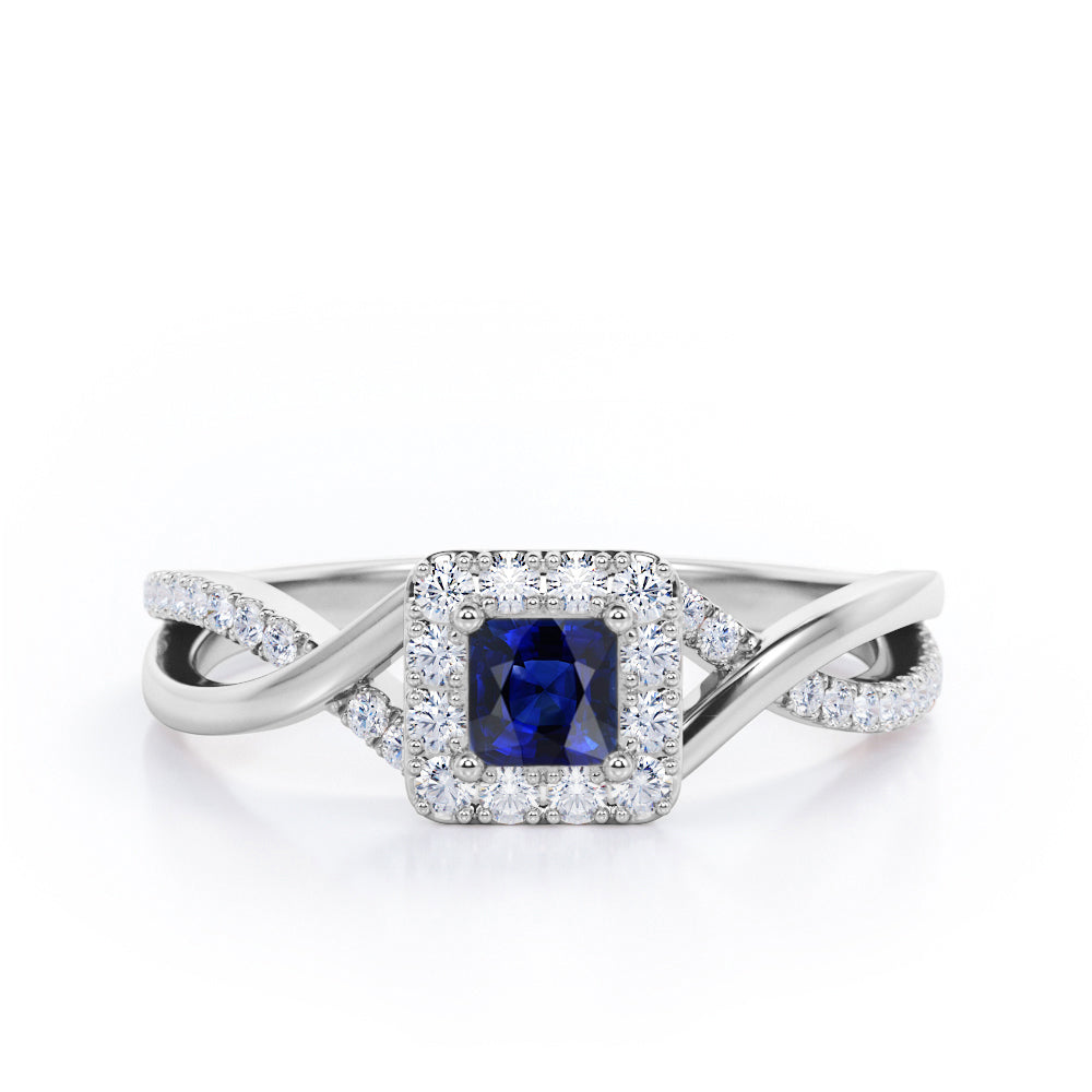 1.25 Carat Princess Cut Blue Lab-Created Sapphire and diamond - Half Crossover Pave - Halo Engagement Ring in White Gold