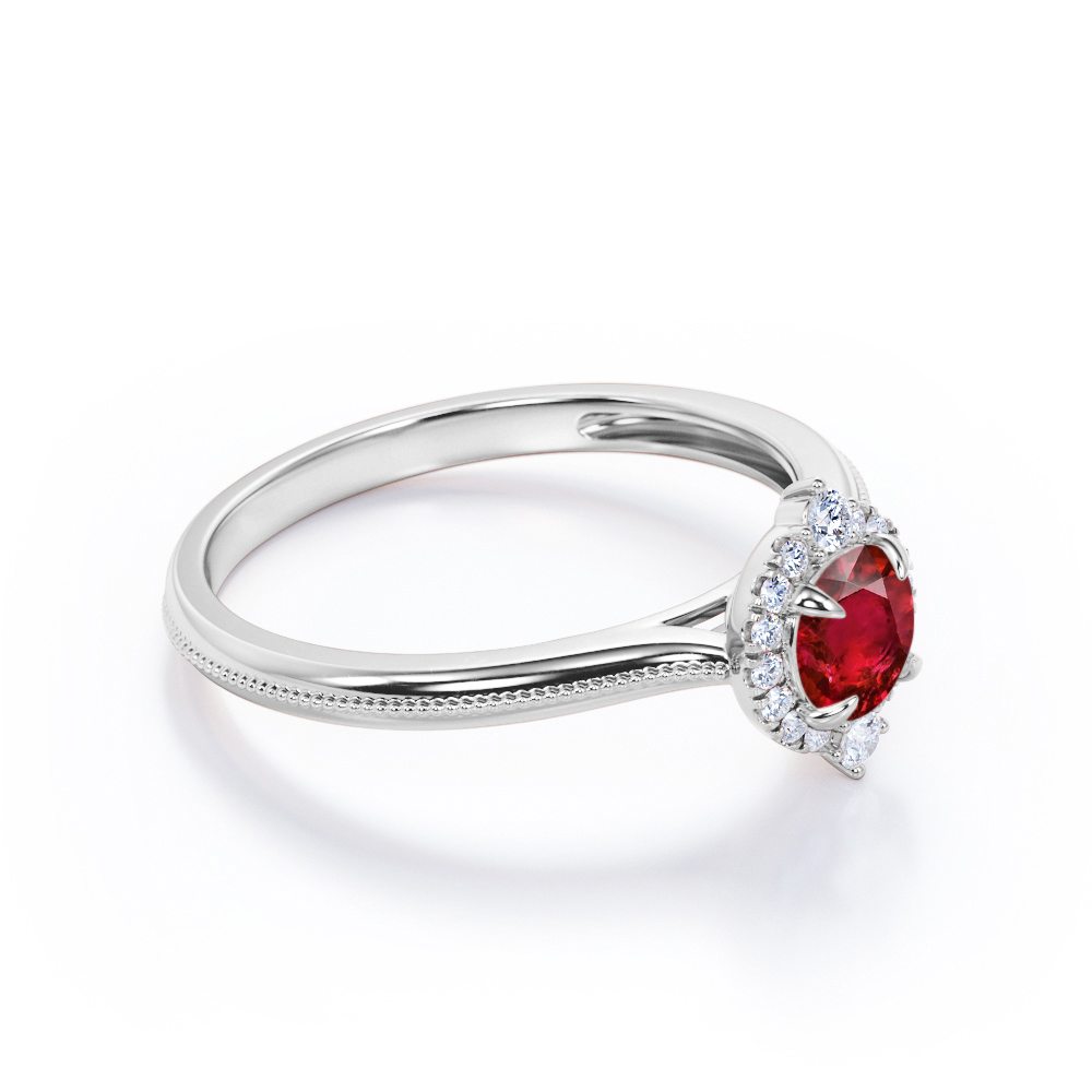 Vintage Milgrain 1.10 carat Round Cut Lab-Created Ruby and Diamond Halo Engagement ring in Rose Gold